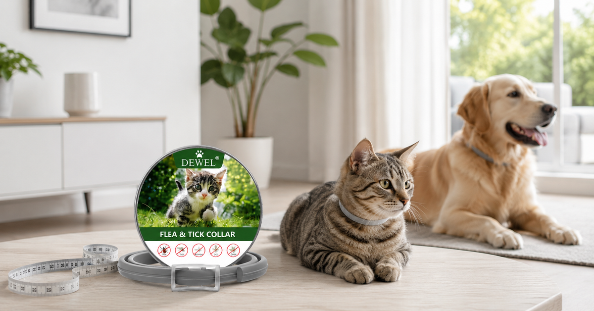 DEWEL flea collar product beside a measuring tape for choosing the correct pet collar size