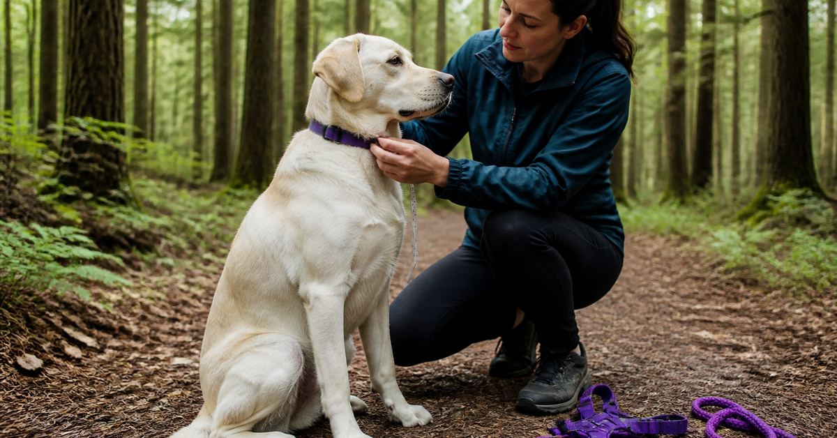 Owner measuring a large dog neck and checking collar fit before an outdoor walk