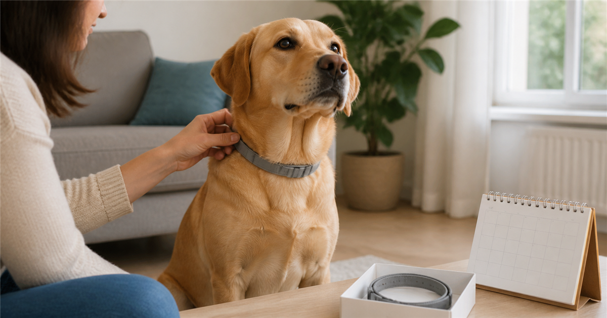 Pet owner checking the date and fit of a flea collar
