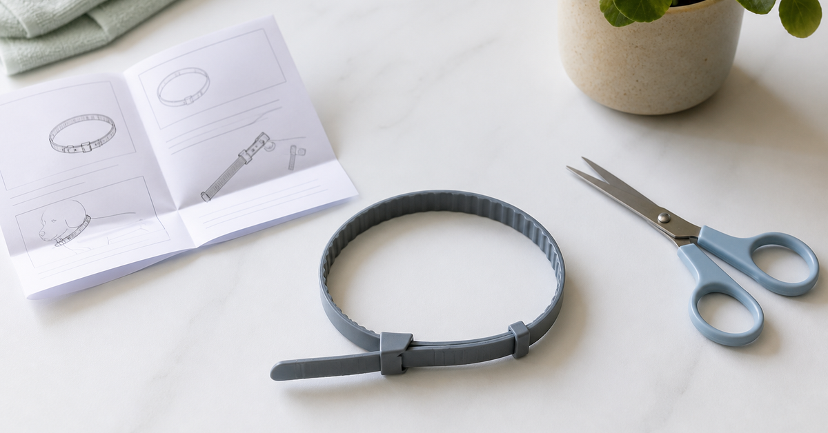 Adjustable flea collar with excess length beside its instructions and safety scissors
