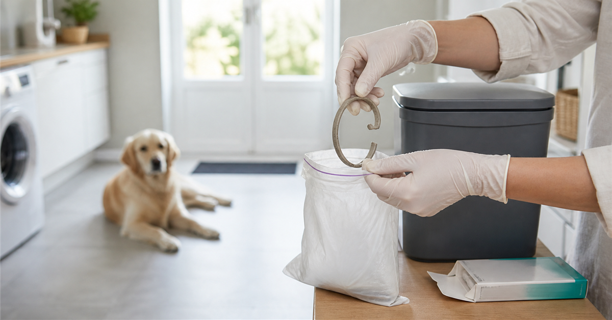Used flea collar being sealed for safe disposal away from pets