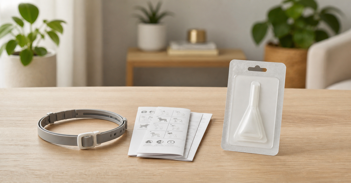 Flea collar and spot-on package placed separately for a label-first comparison