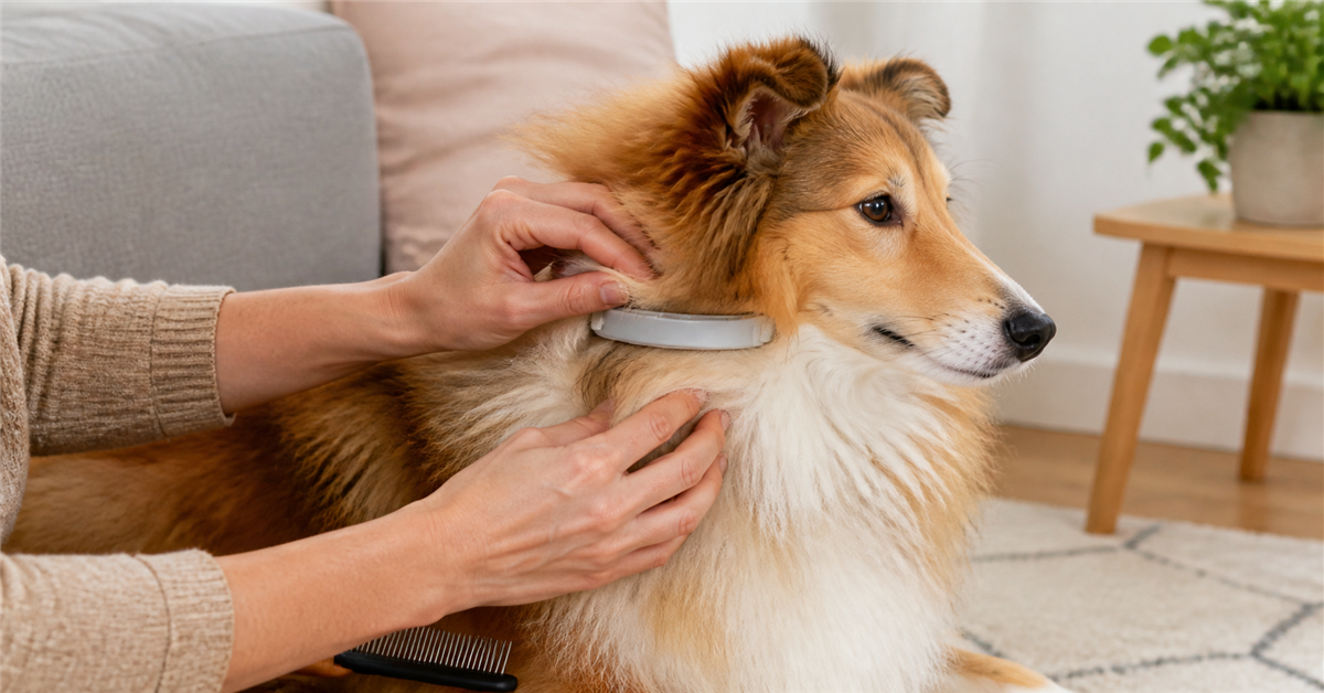 Owner checking the fit of a flea collar beneath a long-haired dog's coat