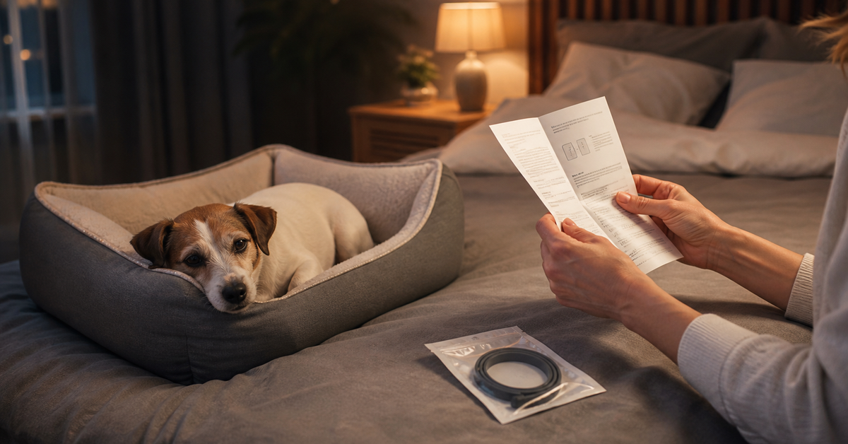 Dog resting in its own bed while an owner reads flea collar safety instructions