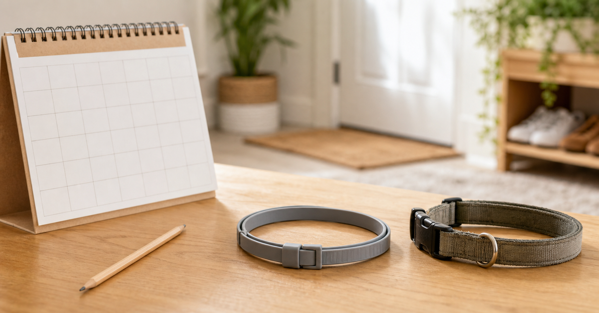 New flea collar beside a calendar and the pet's current collar