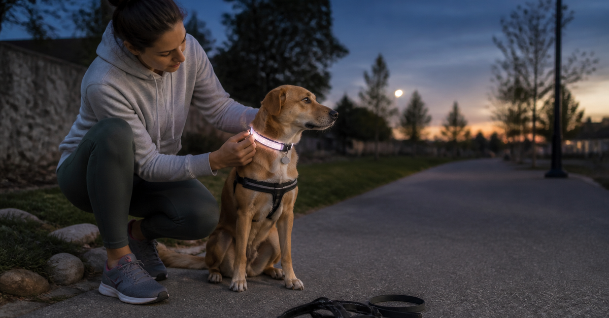 Owner checking a luminous pet collar fit before a dusk walk with harness lead and identification tag