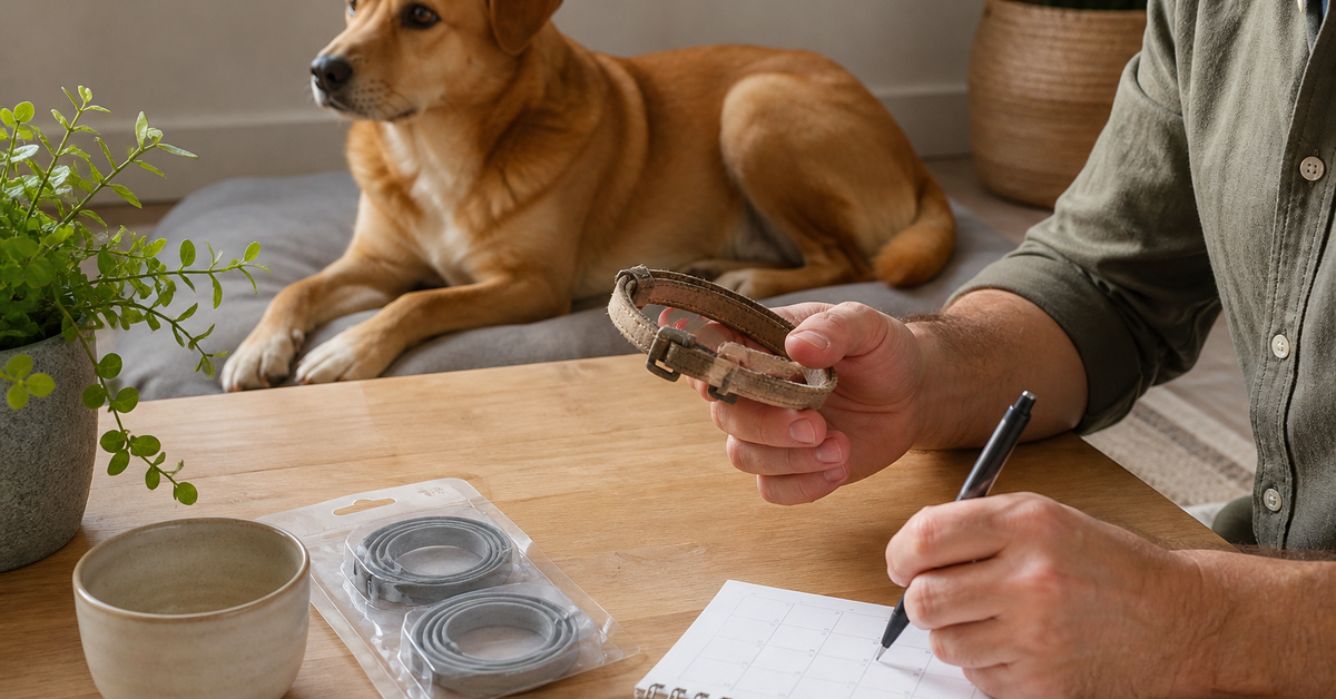 Owner recording the start date of a new flea collar while inspecting an old collar