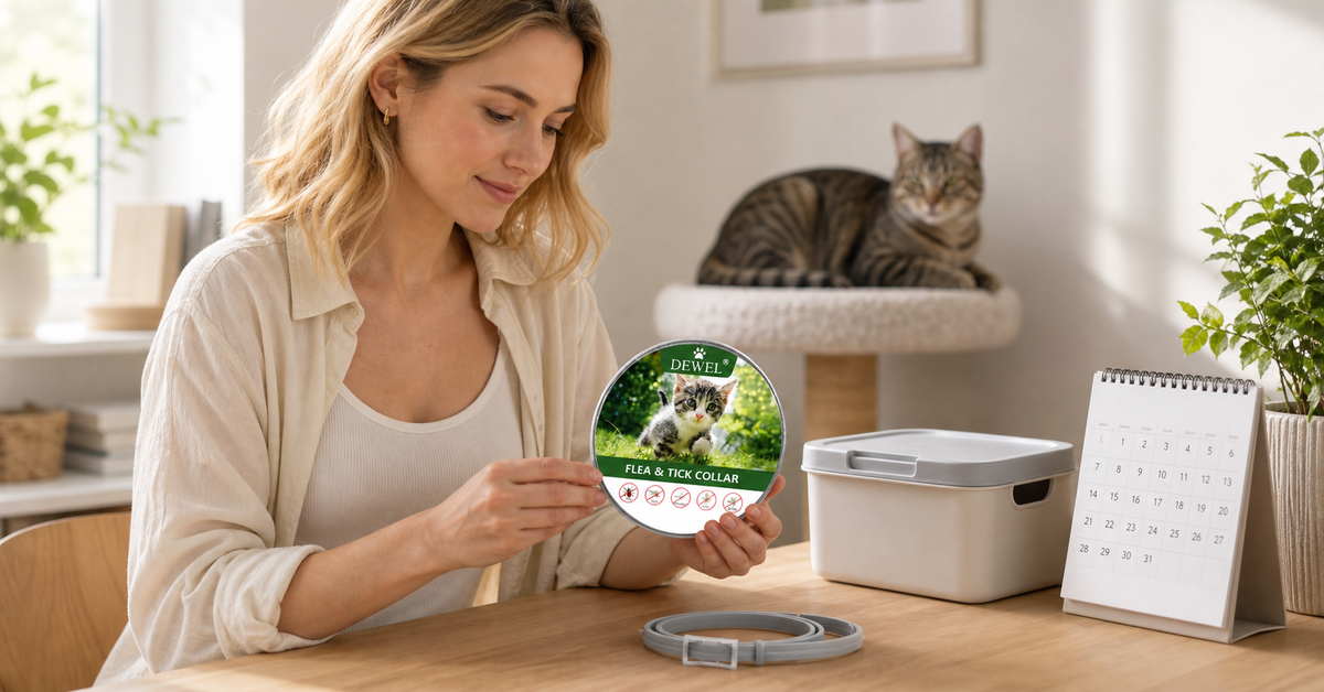 DEWEL flea and tick collar in its original packaging beside a pet care calendar and storage box