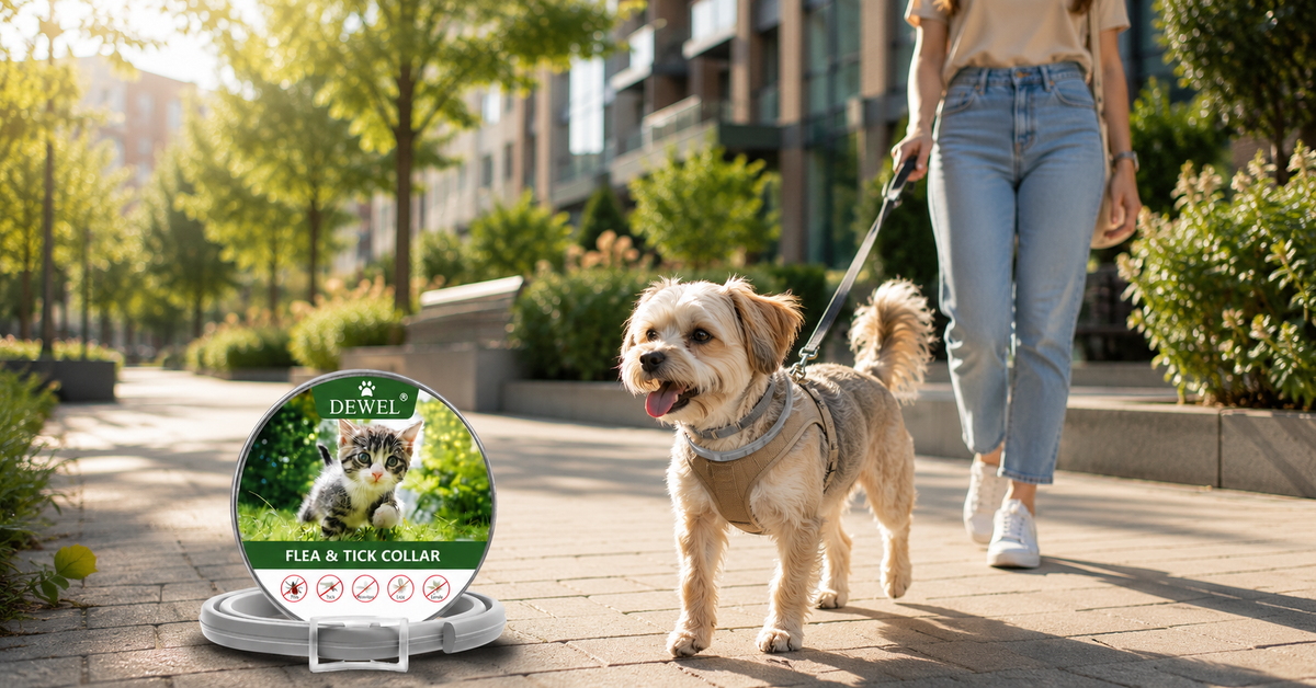 DEWEL flea and tick collar beside a separate flat ID collar and dog walking harness