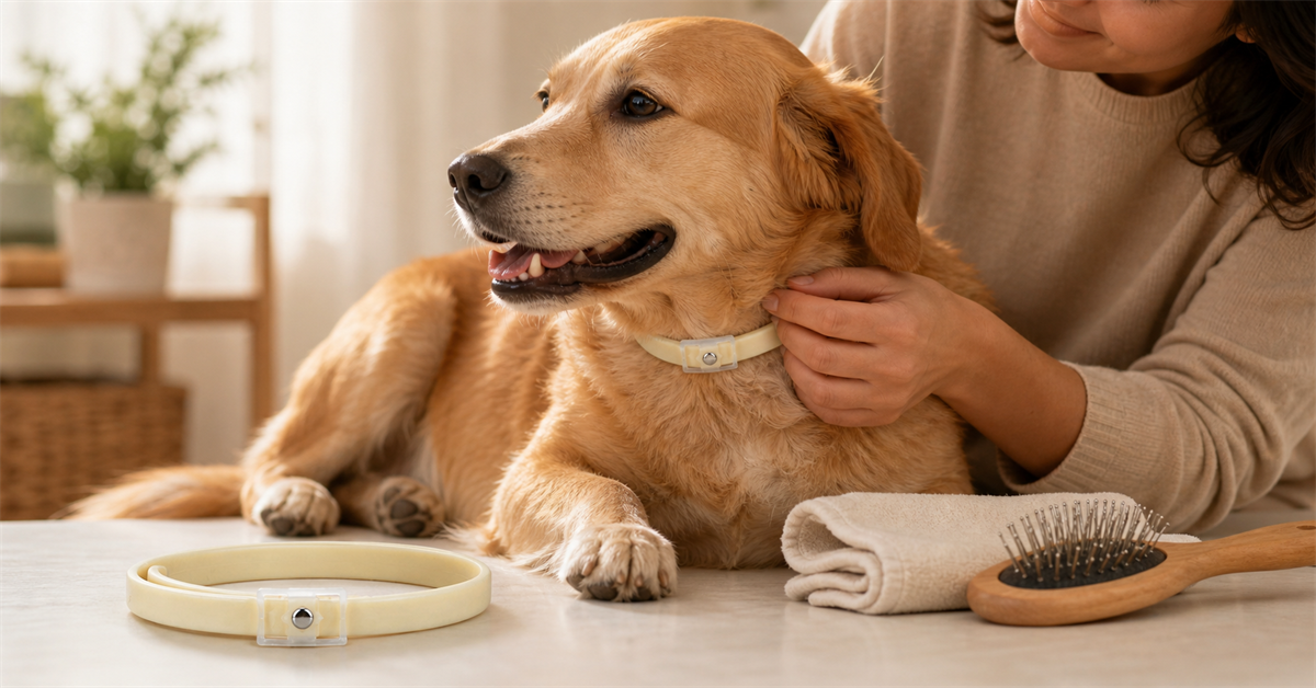 DEWEL flea collar beside a soft dry cloth during a careful pet collar inspection
