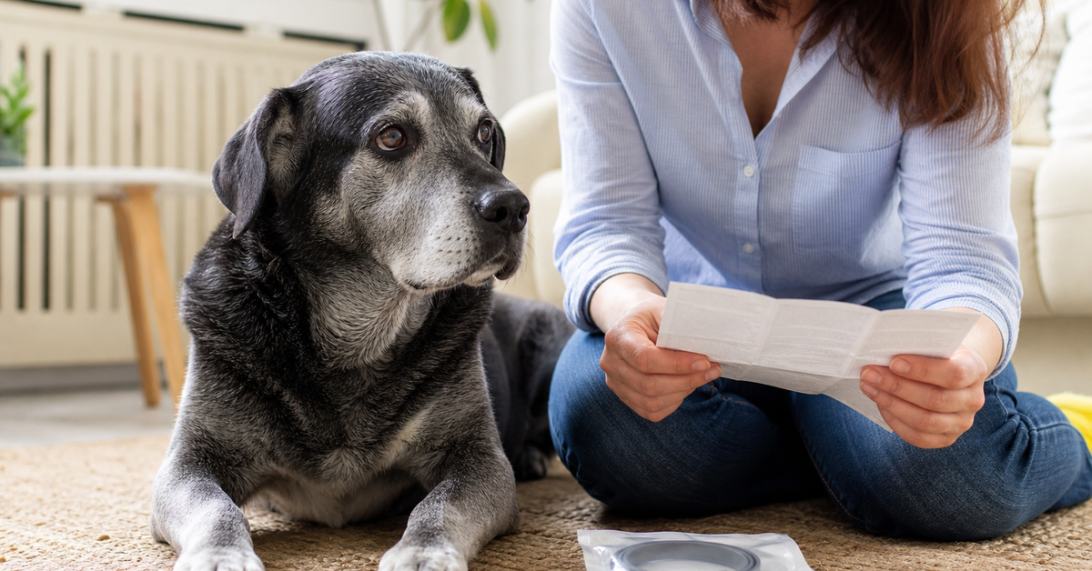 Senior dog beside an unopened flea collar while an owner reviews instructions