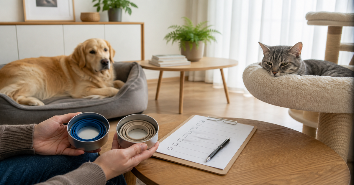 Dog and cat resting separately while an owner checks their labelled collar records