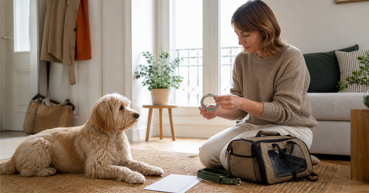 Owner checking a flea collar before packing for dog boarding