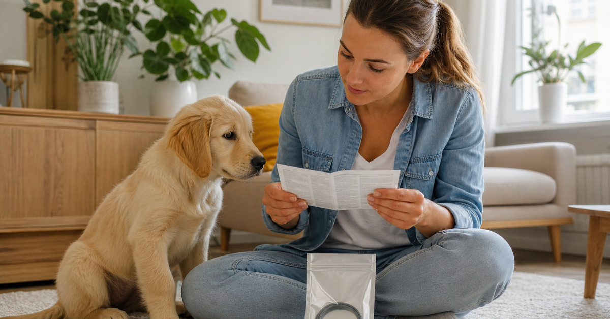 Puppy sitting beside an unopened flea collar package while an owner reads the instructions