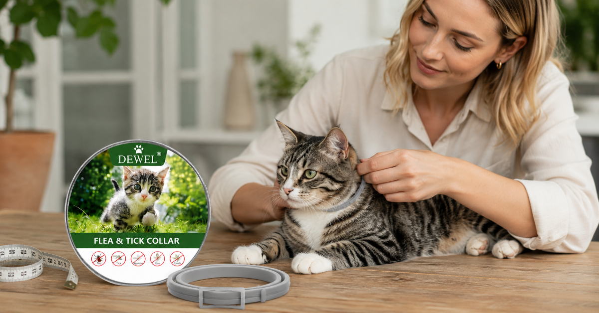 Uncut DEWEL flea collars beside a soft measuring tape for a label-first size check