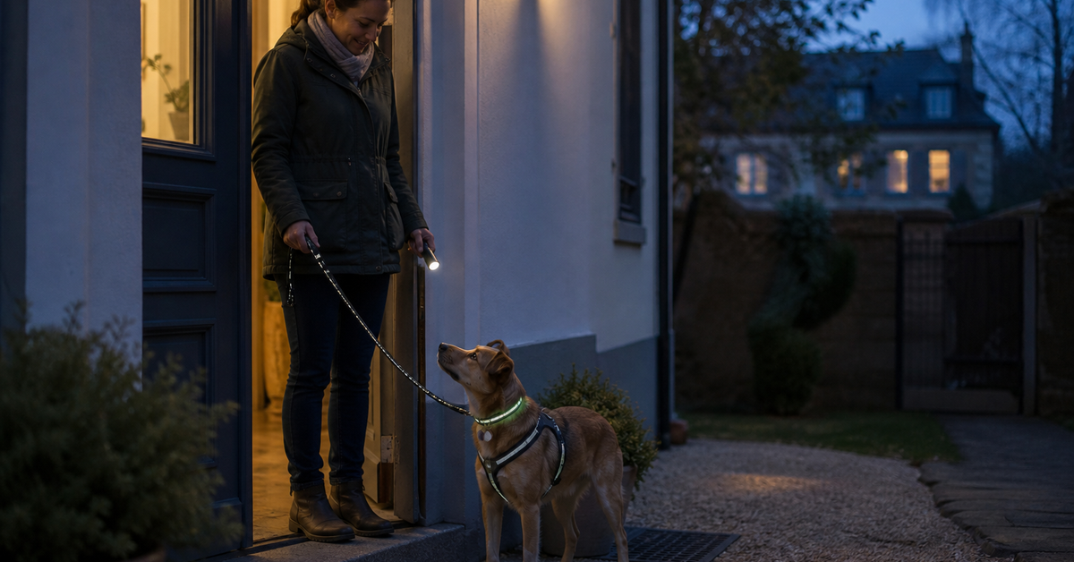 Dog and owner preparing for an evening walk with a luminous collar, lead, reflective harness and hand torch