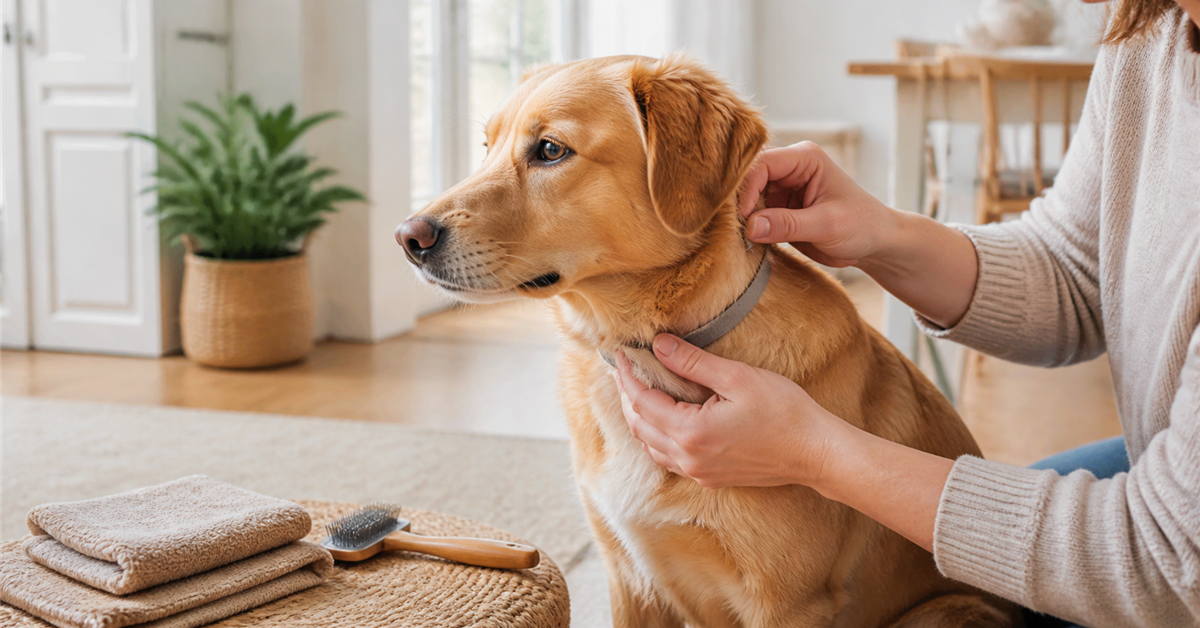 Flea collar fit being checked after grooming a dog