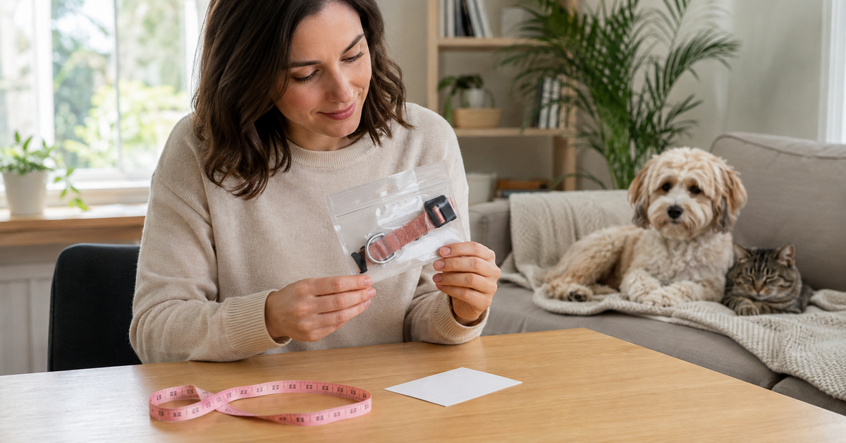 Owner comparing a sealed small-pet collar package with a neck measurement note