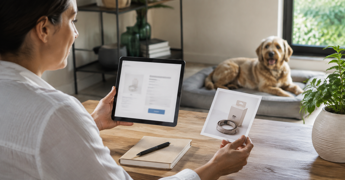 Owner comparing a pet collar order record with a saved package photograph on a tablet