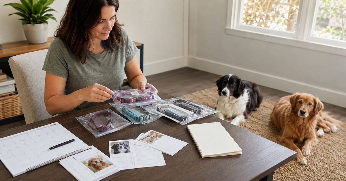 Organizing separate collar records and sealed packages for two dogs