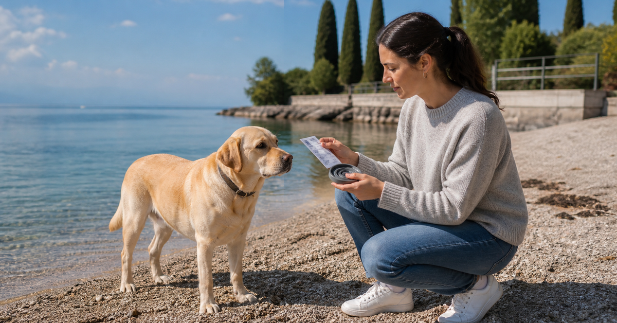 Dog beside a calm shoreline while an owner checks flea collar instructions