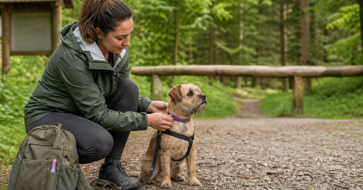 Owner checking a small dog collar and lead before a supervised forest walk