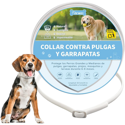 DEWEL-Collar Antipulgas y Garrapatas Diario Blanco-Ajustable 63.5cm para Perros Medianos y Grandes, Paseos por la Ciudad – Protección de 8 Meses