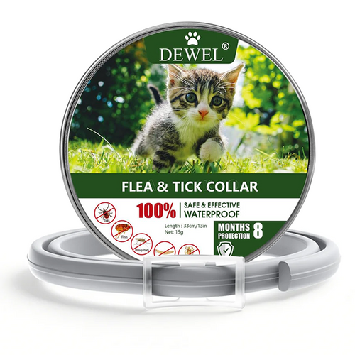 DEWEL-Daily Flea & Tick Collar Gray-Adjustable 34.5cm for Cats&Small Dogs, City Strolls – 8-Month Protection