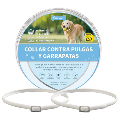 DEWEL-Collar Antipulgas y Garrapatas Diario Blanco-Ajustable 63.5cm para Perros Medianos y Grandes, Paseos por la Ciudad – Protección de 8 Meses