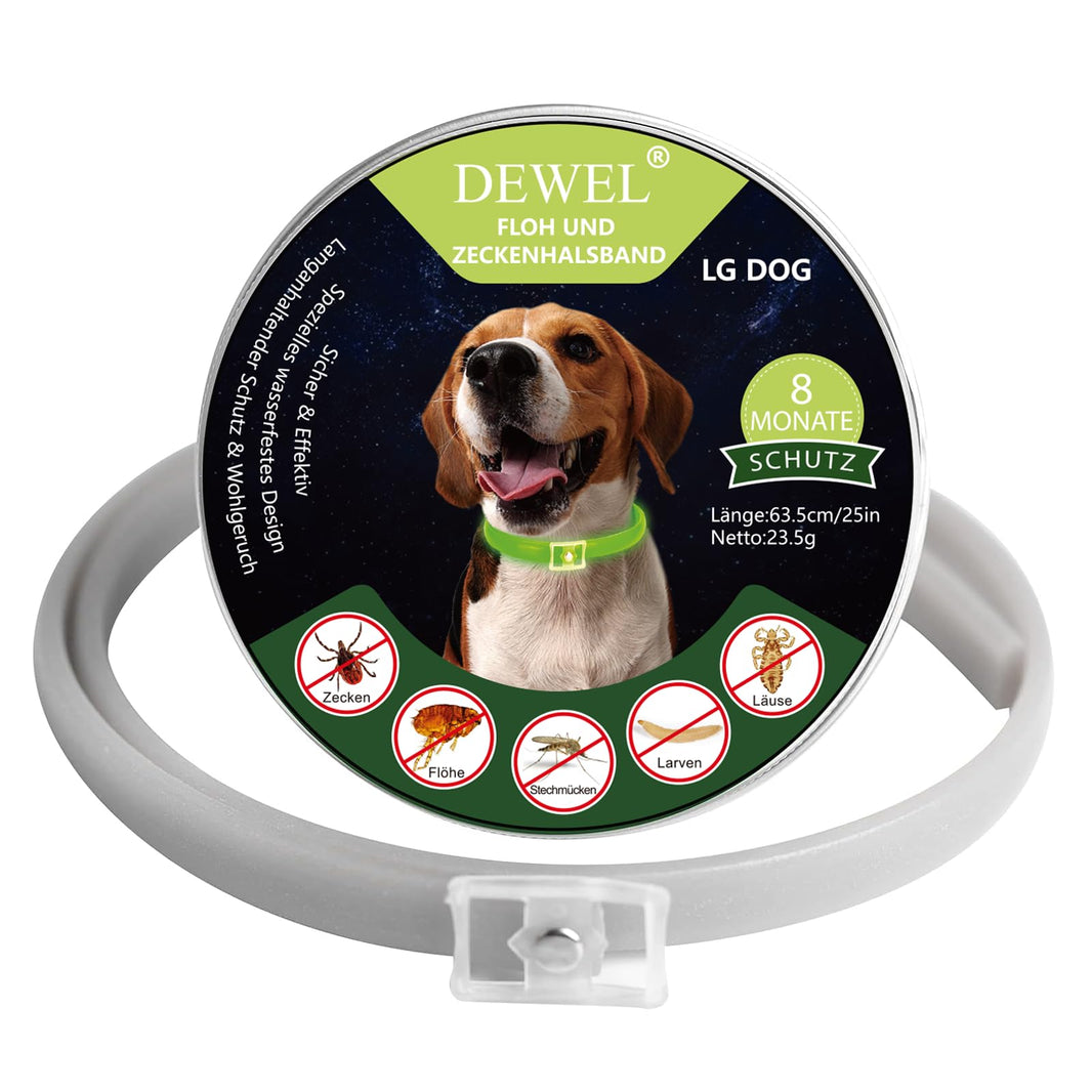 DEWEL-Leuchtendes Floh- & Zeckenhalsband für mittelgroße und große Hunde – Verstellbar 63,5 cm, Für sichere Nachtspaziergänge – 8 Monate Schutz
