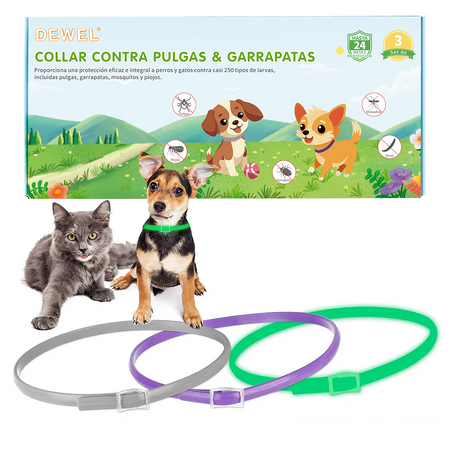 DEWEL-Set de Collares Antipulgas y Garrapatas Multiestilo – Ajustable de 34.5 cm para Gatos y Perros Pequeños, Uso Diario, Camping y Seguridad Nocturna – Protección de 8 Meses (Paquete de 3/4)