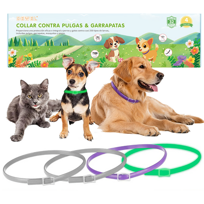 DEWEL-Set de Collares Antipulgas y Garrapatas Multiestilo – Ajustable de 34.5 cm para Gatos y Perros Pequeños, Uso Diario, Camping y Seguridad Nocturna – Protección de 8 Meses (Paquete de 3/4)
