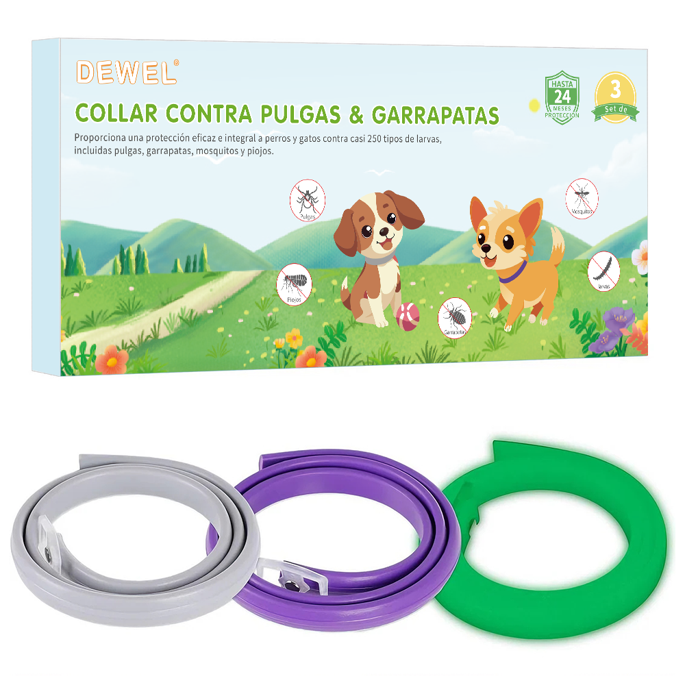 DEWEL-Multi-Style Flea & Tick Collar Set–Adjustable 63.5cm for Medium & Large Dogs, Daily, Camping & Night Safety-8-Month Protection (3/4 Pack)