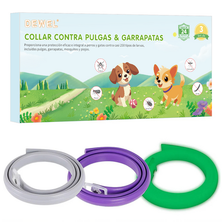 DEWEL-Juego de Collares Antipulgas y Garrapatas Multiestilo–Ajustable 63.5cm para Perros Medianos y Grandes, Uso Diario, Camping y Seguridad Nocturna-8 Meses de Protección (3/4 Paquetes)