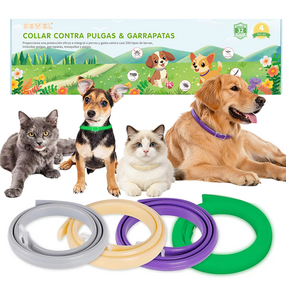 DEWEL-Juego de Collares Antipulgas y Garrapatas Multiestilo–Ajustable 63.5cm para Perros Medianos y Grandes, Uso Diario, Camping y Seguridad Nocturna-8 Meses de Protección (3/4 Paquetes)