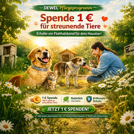 Spenden Sie 1 €, um streunenden Haustieren zu helfen – und erhalten Sie ein Flohhalsband für Ihr Haustier (nur 5 Bestellungen pro Tag möglich).