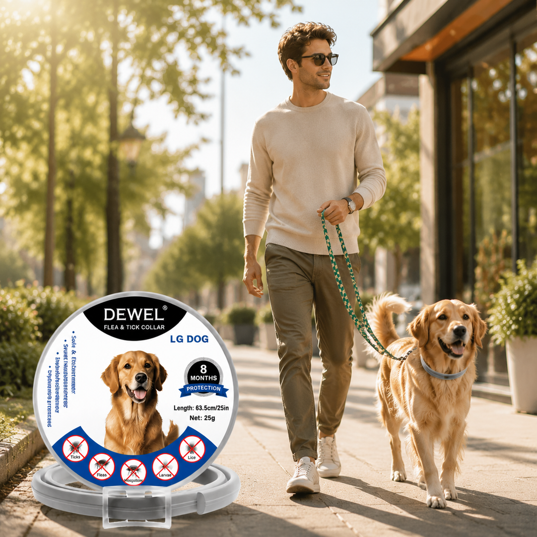 Collar antipulgas y garrapatas DEWEL para perros grandes, medianos y pequeños – 63.5cm ajustable, 8 meses de protección